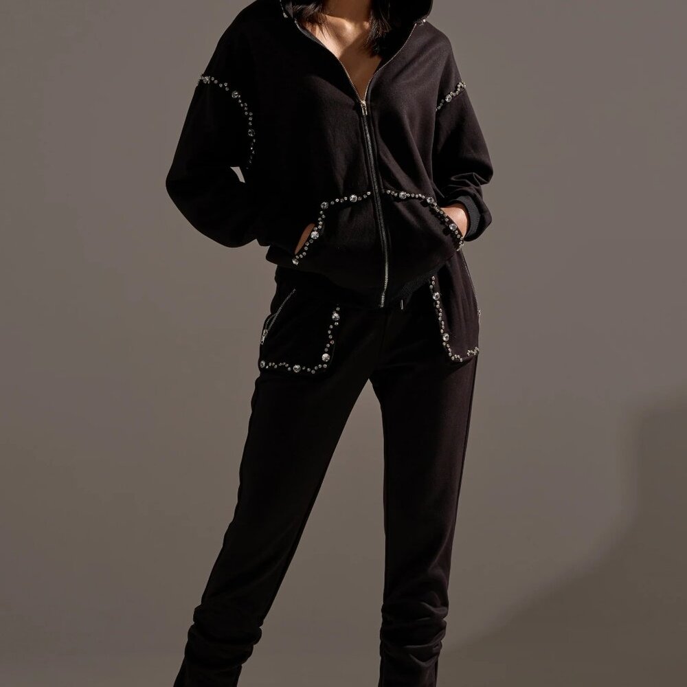 COZY HOLIDAY RHINESTONE ZIP UP SWEATSHIRT IN BLACK - 1X (Jacket)
